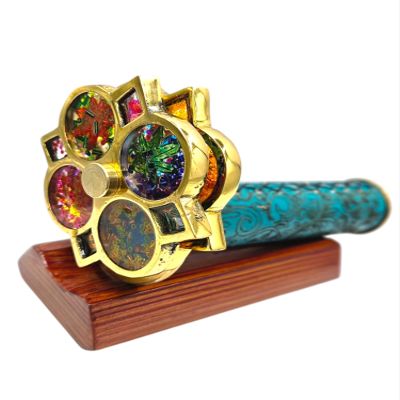 Handcrafted Leather Brass Kaleidoscope with Etched Floral Pattern, Dual Turning Wheels, Unique Vintage Collectible Gift (Big Trigon)