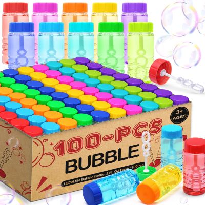 100 Pack 10 Neon Colors Bubble Bottles with Wand Attached to the Cap, Summer Bubble Solution Bulk Toy, Birthday Decor Gift Box, Party Favor Supplies for Kid, Carnival, Goody Bag Stuffer, Pinata Filler