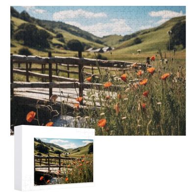 1000Pcs Jigsaw Puzzles for Adults Red Poppies in A Meadow with A Wooden Bridge Challenging Puzzle for Youth Childen Home Decor Wall Art Gift,Jigsaw for Active Thinking Party Entertainment