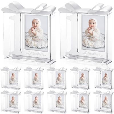 12 Set My 1st Birthday Party Favors Supplies First Birthday Photo Frame First Anniversary Decoration with Clear Plastic Crystal Boxes and Satin Ribbon Bows Set Souvenir Return Gift for Party Guests