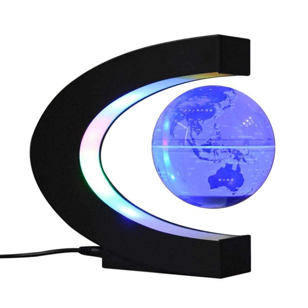 Geographical Globe Floating Globe - C-Shaped 3 Inch LED Light Magnetic Suspension Globe Decoration Ornament Kids Education Gift Tool Family Desk Surface Blue