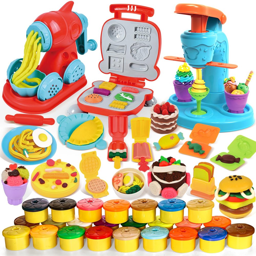 3-in-1 24 Cans Playdough Set for Toddlers Kids, Play Kitchen Ice Cream Hamburger Noodle Maker Playdough Sets for Kids Ages 3 4 5 6 7 8, Arts Crafts Play Food Toys for Boys Girls Birthday Party Favors