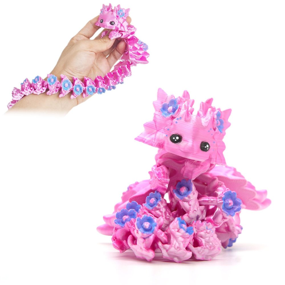 3D Printed Axolotl Fidget, Big 3 d Print Flower Axolotls Dragon with Flexible Wings, 12 inch Wiggly Hand-Paint Articulated Large Creatures DeepPink