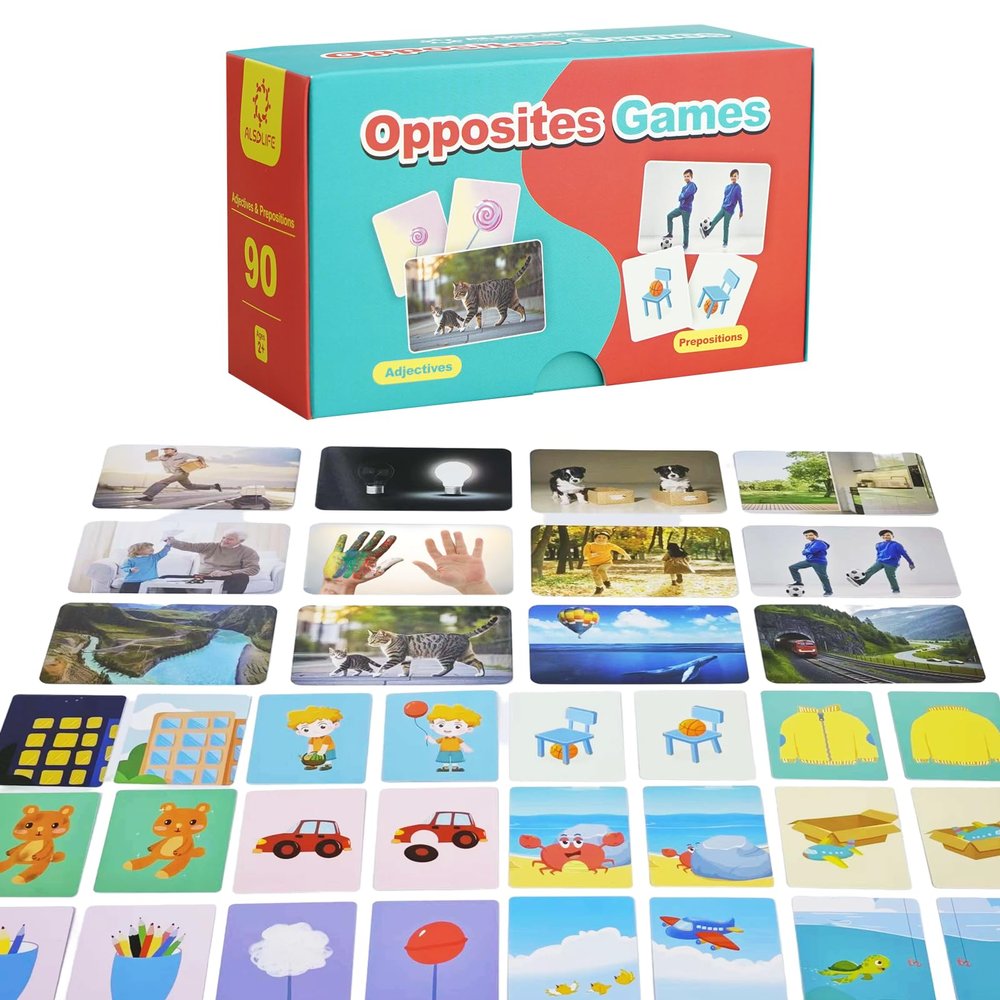 ALSOLIFE Thick Game Flash Cards-90 Opposites Cards- 6 Fun Educational Card Games- Adjective & Preposition- Go together- Matching Flashcards for Preschool Learning, ABA Therapy, Speech Therapy Material