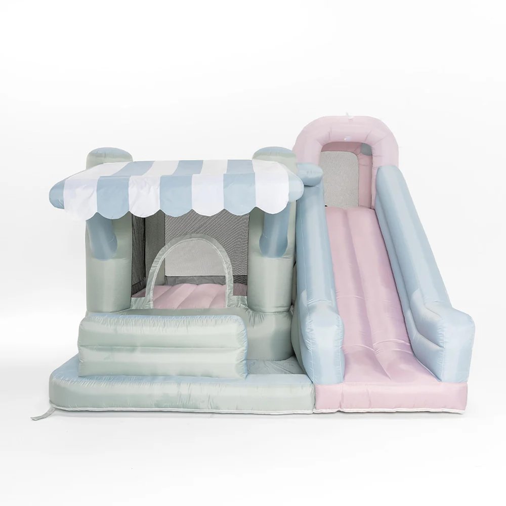 PLAYSMOL Market Splash Water Slide Bounce House, Inflatable Water Slide with Climbing Wall & Sprinkler, Features Market Counter for Pretend Play, Ages 3-8