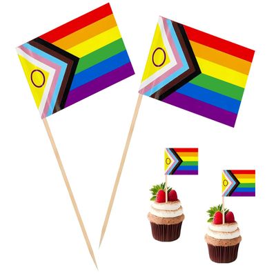 100 Pcs Pride Rainbow Flag New Intersex Progress Toothpick Flags, Cocktail Picks Mini Stick Cupcake Toppers Country Picks Party Decoration Celebration Cocktail Food Bar Cake Flags 