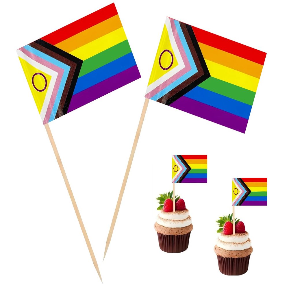 100 Pcs Pride Rainbow Flag New Intersex Progress Toothpick Flags, Cocktail Picks Mini Stick Cupcake Toppers Country Picks Party Decoration Celebration Cocktail Food Bar Cake Flags 