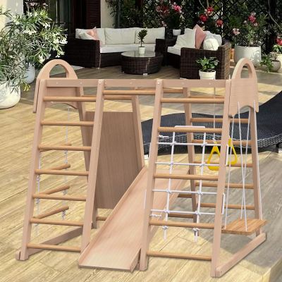 7-in-1 Indoor Jungle Gym Playset, Montessori Climber with Slide, Climbing Wall, Rope Wall Climber, Monkey Bars, Swing, Montessori Playground Climb Set (7-in-1)