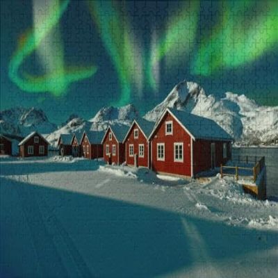 1000 Pieces Jigsaw Puzzle Astonishing Winter Scenery Traditional Norwegian Red Wooden Houses The Puzzles for Adults Thick Sturdy Challenging Party Games for Teens Kids Puzzle Preschool Toys Gift