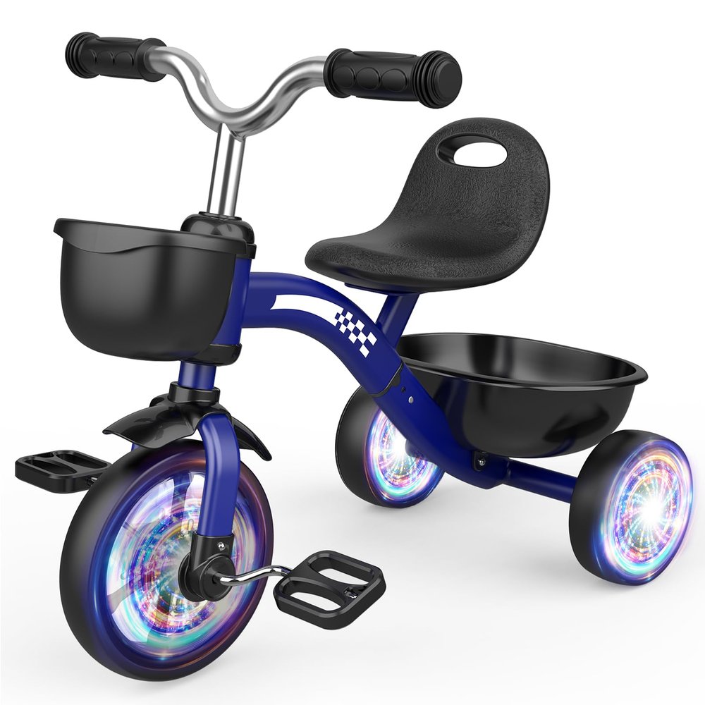 Kkdi Toddler Tricycle for 1-3 3-4 Year Olds, Toddler Baby Bike, 2 3 4 Year Old Boys Girls Birthday Gifts, Outdoor Riding Toys for Ages 2-4, 3-Level Adjustable Seat, 3 Color Light Wheels, 2 Baskets