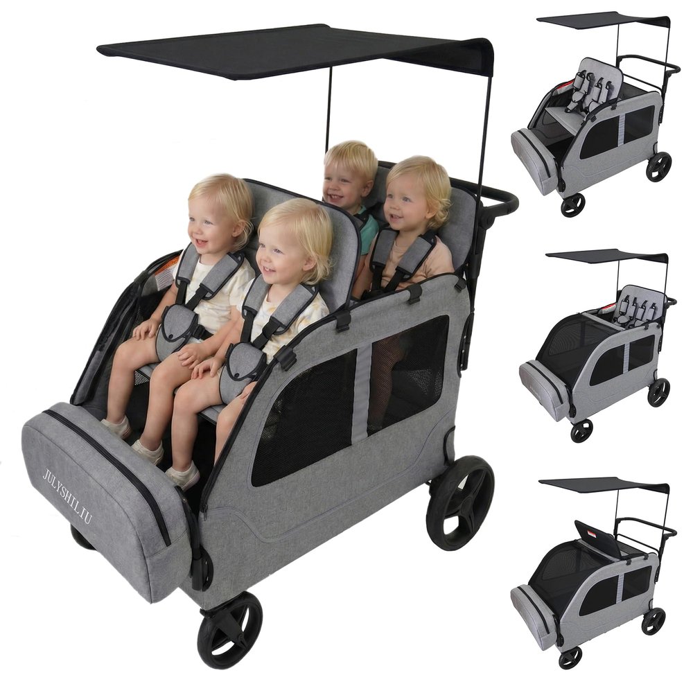 JULYSHILIU Car-Shaped 4 Seater Stroller Wagon for 2 3 Kids Foldable All-Terrain Quad Wagon with Removable Canopy, 5-Point Harness Elevated Seats, XL Storage Bag Shopping Outdoor (Light Grey)