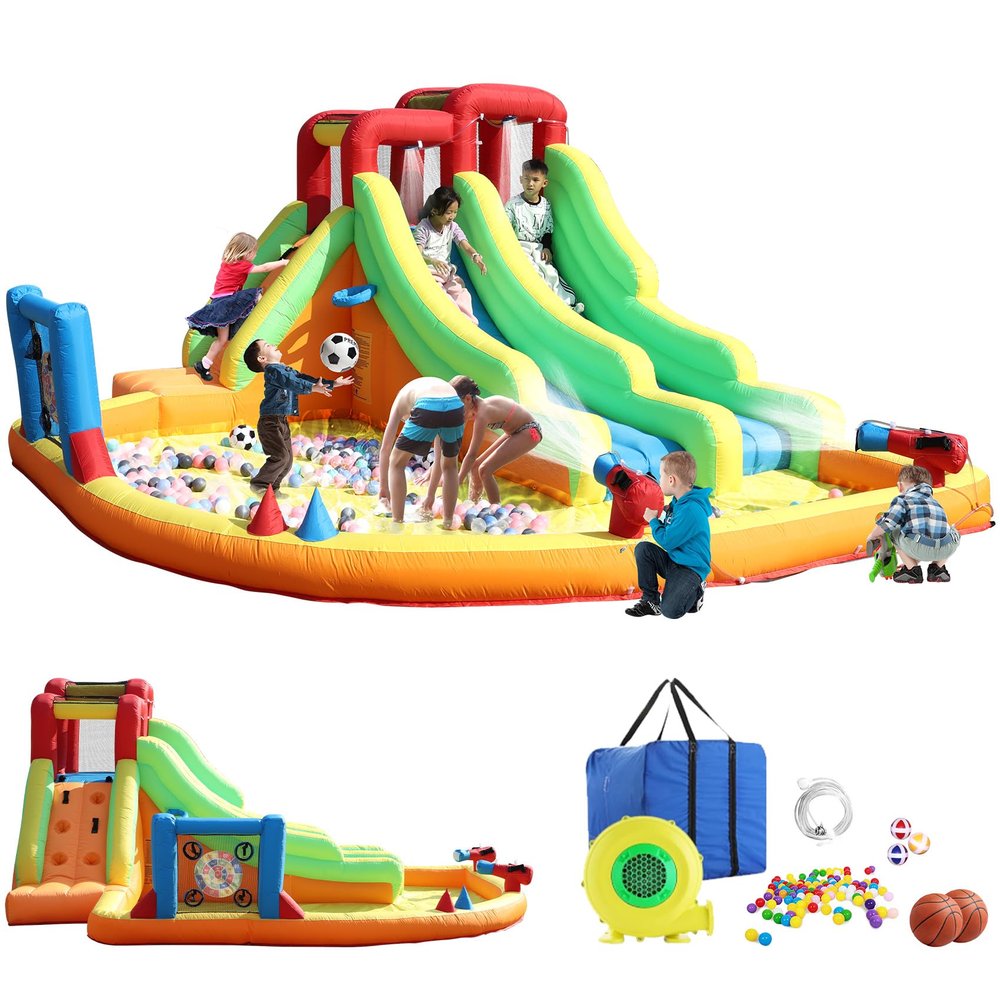 Eachup Inflatable Water Slide Double Water Slide,14.5x12FT Water Slide Park for Racing Fun,Water Cannons,480W Blow Inflatable Water Park for Backyard Party Gifts