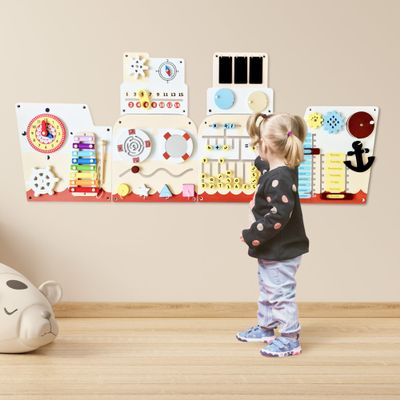 Cateam Sensory Wall Panel for Kids - Activity Wall Busy Board for Toddlers and preschoolers. 16in1 Learning Activity Center. Wooden Montessori Toys for Education and Early Development - Ship