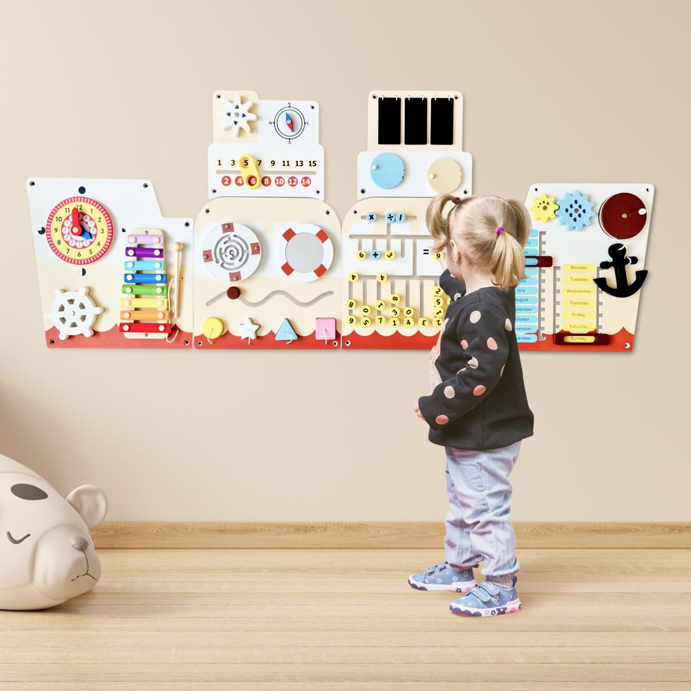 Cateam Sensory Wall Panel for Kids - Activity Wall Busy Board for Toddlers and preschoolers. 16in1 Learning Activity Center. Wooden Montessori Toys for Education and Early Development - Ship