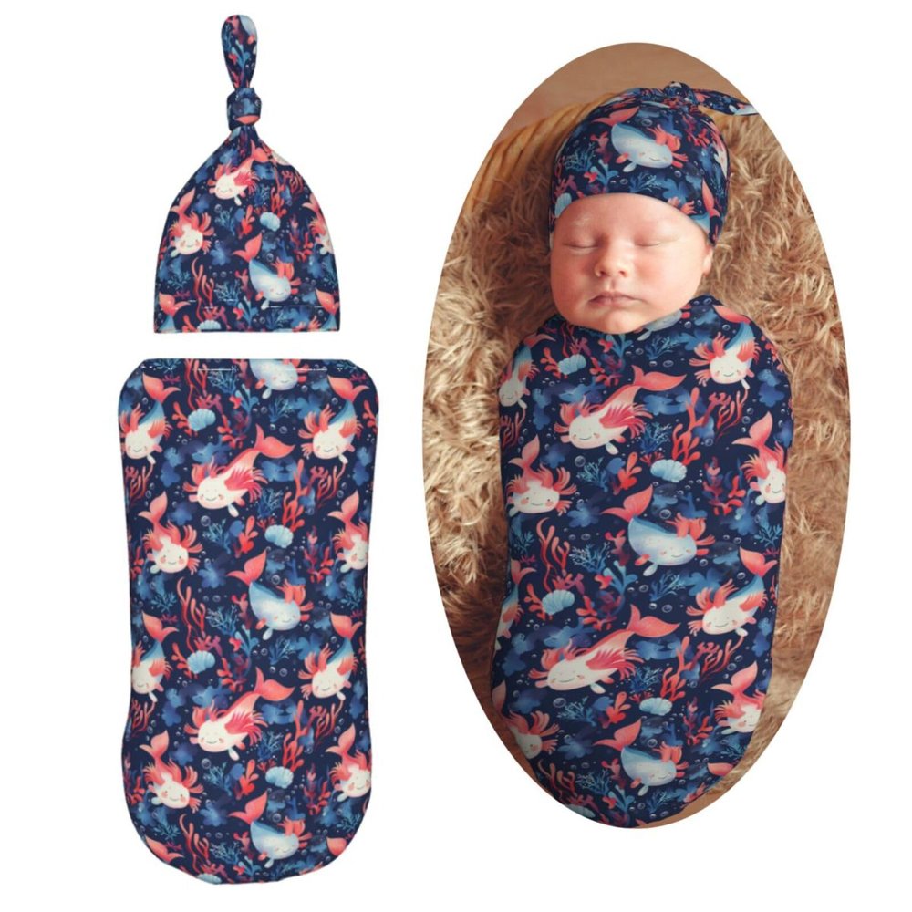 Muishi Axolotls Swimming Newborn Swaddle Blankets Hat Sets Soft Baby Receiving Blanket Swaddle Sack for Baby Shower Infant Boy Girl Gift