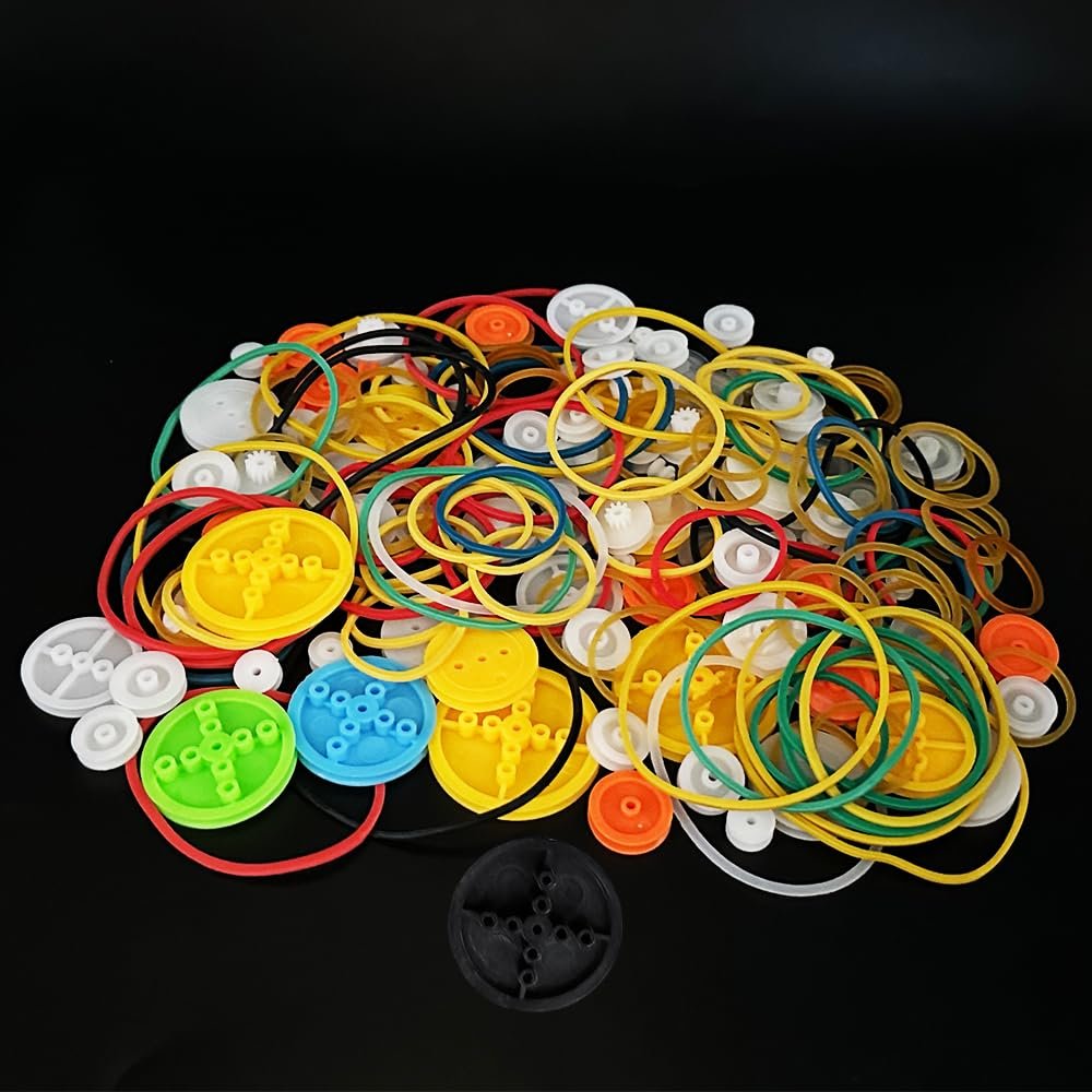 190PCS Belt Pulley Set 2MM Hole Plastic Belt Pulley with Rubber Band for DIY Model Toy RC Car Robot Airplane Accessories (190)