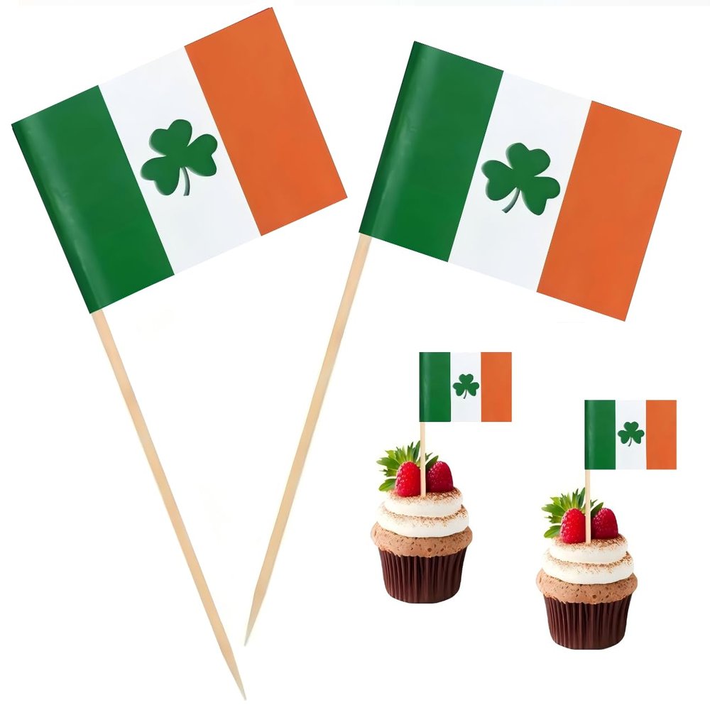 100 Pcs Irish Ireland Shamrock Toothpick Flag Saint Patrick's Day Clover Small Mini Cocktail Fruit Cupcakes Toppers Food Stick Flags Decorations