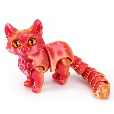 QINGMIAO 3D Printed Cat, Articulated Black Cat Toys for Adult, 3D Print Animals Fidget Toys Decor for Stress Relief, 3D Printing Cute Cat Action Figure (Red Gold)