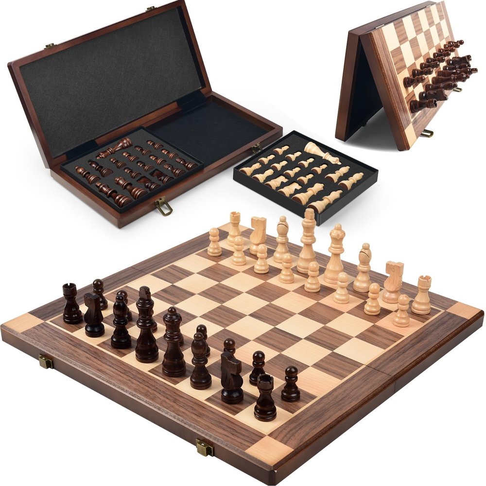 15 Magnetic Wooden Chess Set with Removable Chess Piece Case, KEEPRAE Folding Travel Chess Board Game for Adults & Kids, Tournament & Beginner