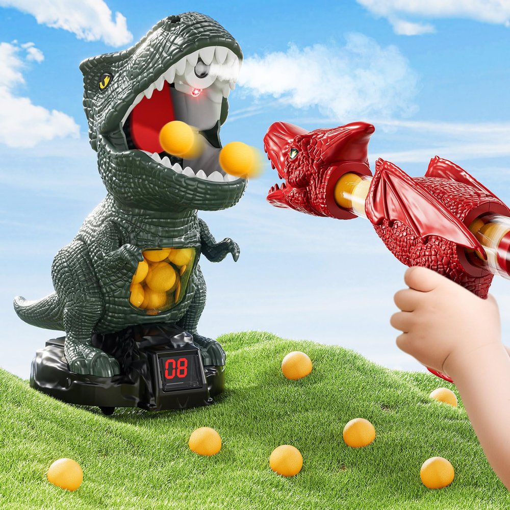 JUKUDAHU Dinosaur Shooting Boy Toys for Kids Age 3 4 5 6 7 8 - Moveable Shooting Game with Scoreboard, Light & Sound, 12 Foam Balls, Boy Toddler Toys 5-7 6-8 8-10, Competition Game Gifts (Dark Green)