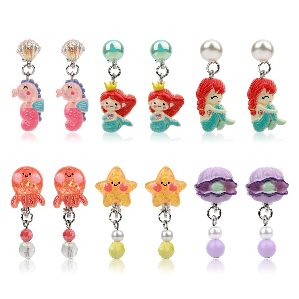 6 Pairs Clip On Earrings for Girls, Cute Clam Shell Mermaid Kids Non-Pierced Earrings Sea Animal Clip On Earring Set Toddler Women Dress Up Jewelry Perfect Decoration Accessories