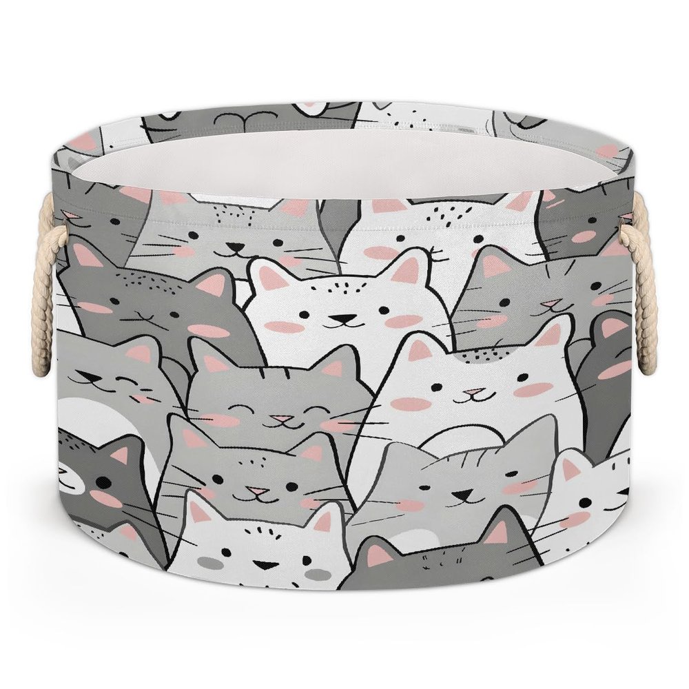 Large Round Storage Basket with Handle Animal Cartoon Cute Cat Kids Toy Storage Bin Foldable Laundry Hamper Cube Clothes Blanket Organizer Box for Living Room Bedroom Laundry Room Storage Decor