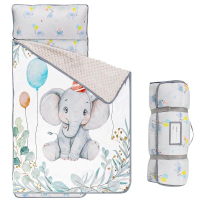 Jundetye Toddler Nap Mat with Pillow and Blanket for Girls Boys, Daycare Nap Mats for Kids Ages 3 4 5 6 7 Years, Preschool Slumber Bags for Sleeping, 55'' x 23'', Balloon Elephant (Grey)
