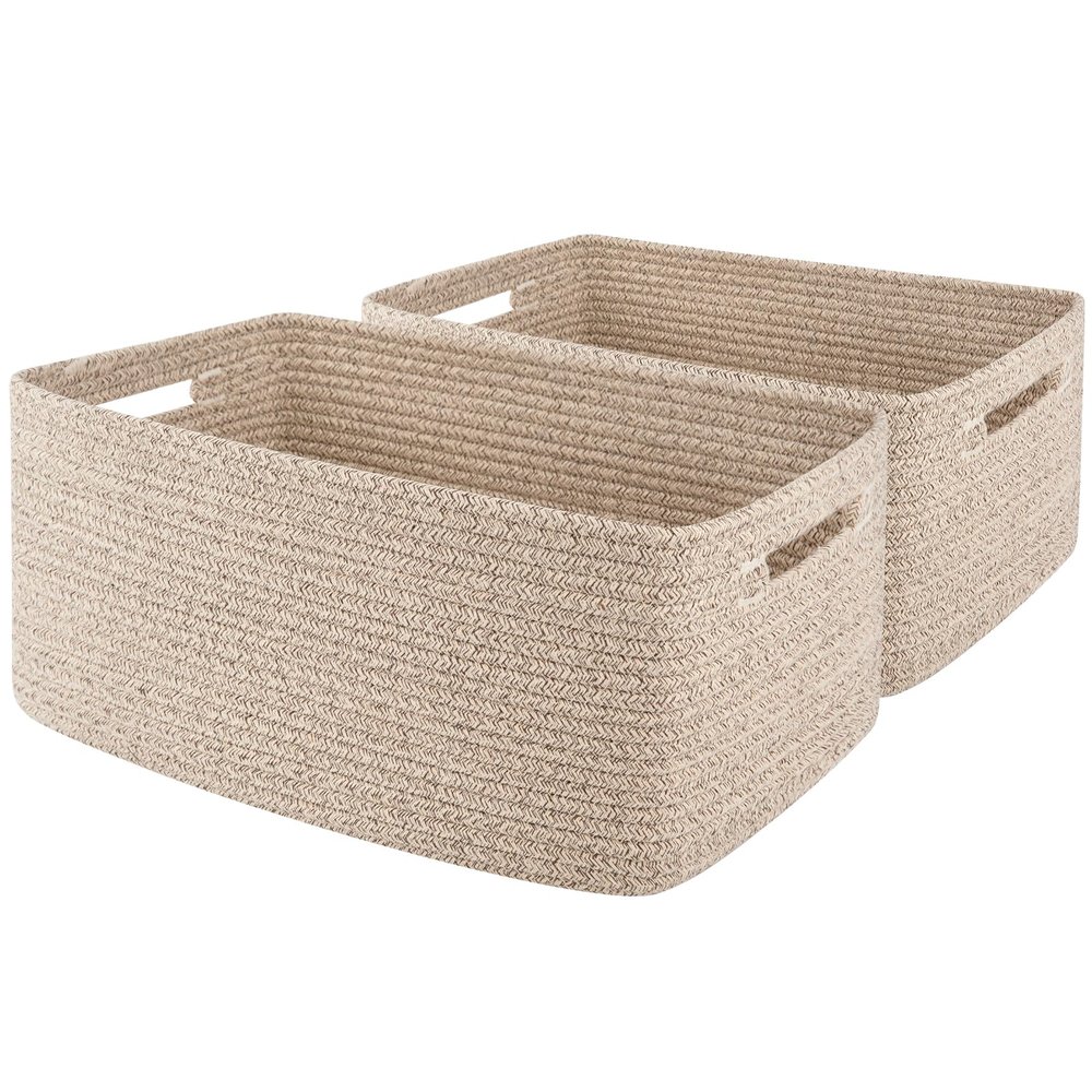 OIAHOMY Storage Basket for Shelves, Closet Cube Storage Bins Baskets for Clothes Blanket Towels, Baby Nursery, Toy Baskets Box, Woven Rope Basket, 17.72*12.99*7.87 IN, 2 Packs Brown