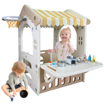Goldshire 41.3" x 31.4" x 29" Kids Cottage Playhouse, Indoor/Outdoor Toddler Playhouse with Working Doors, Worktop & Basketball Hoop, Durable Plastic Playset for Kids
