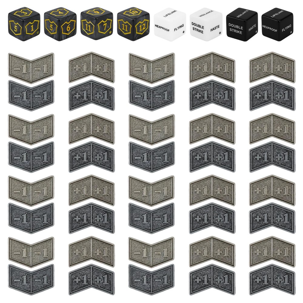 48Pcs MTG Antique Metal Buff Counter Tokens & MTG Keyword/Counters Dice Set, Magic Creature Stats or Loyalty Counter for TCG Card Gaming Accessories with Velvet Bag & Box