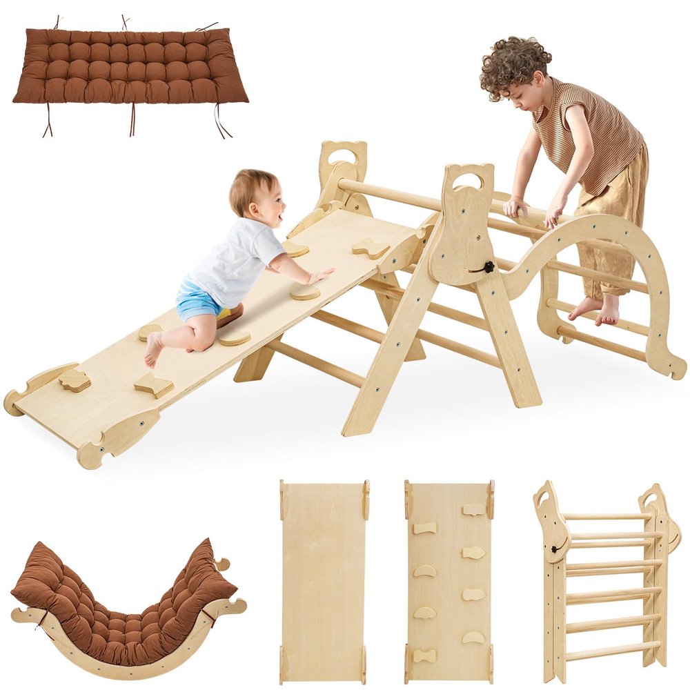 INNOPLAY Large Foldable Toddler Climbing Toys Indoor Jungle Gym, Pikler Triangle Set with Cushion, S-lide and Arch, 7-in-1 Montessori Climbing Set(1.5-5yrs)