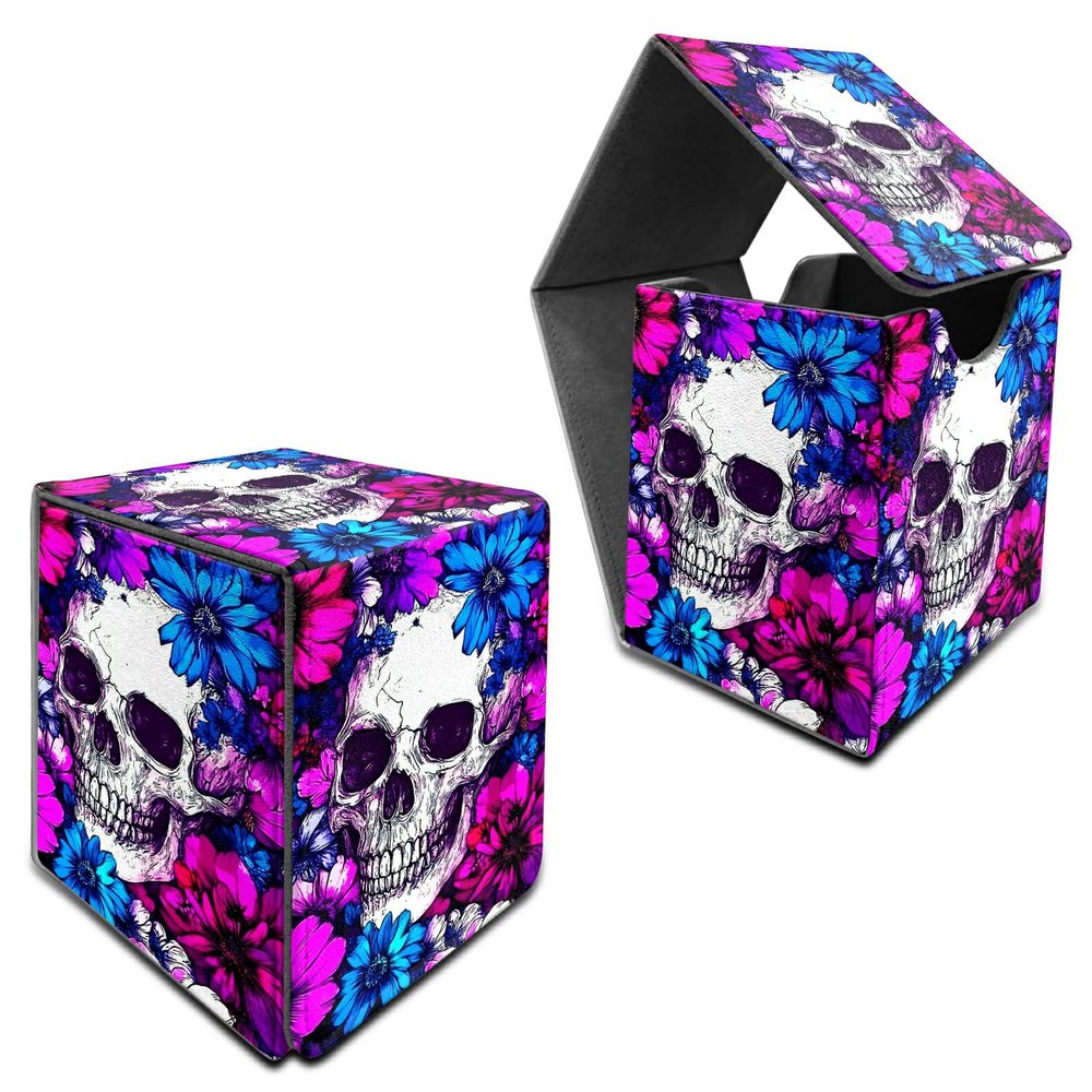 RWUTYTIUL for MTG Commander Deck Box, Card Storage Box Fits 100+ Sleeved Cards, PU Leather Large Size Strong Magnet Card Deck Case Holder for Board Game Magic MTG TCG CCG, Purple Flower Skull
