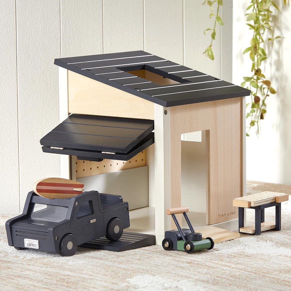 Tiny Land Wooden Dollhouse Garage Set  Realistic Design with Garage, Workbench,Lawn Mower & SUV Car, Expansion Dollhouse Furniture & Accessories for Doll house, Educational Pretend Play Gift for Kids