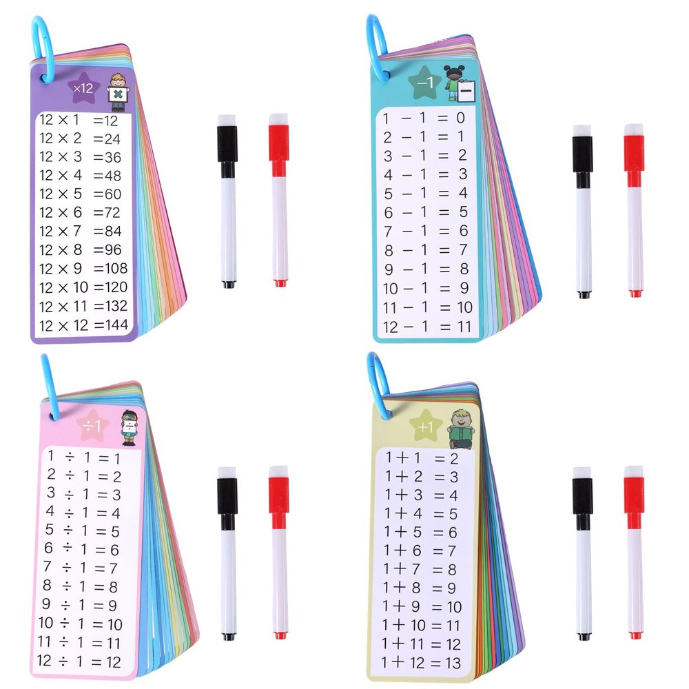 4 Pack/60pcs Multi Math Time Table Flash Cards, Include 8 Markers & 4 Binder Rings Subtraction Multiplication Division Flashcards Math Learning Tools for Beginners Kids