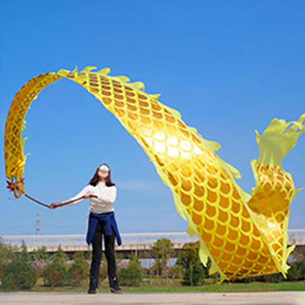 EXCLURA Dragon Poi Lightweight Dragon Dance Flinging Ribbon, Outdoor Square Exercise Dance Dragon Poi, Juggling Play Art Shaking Poi Streamer, for Adult/Senior(Yellow,8 m (26 ft))