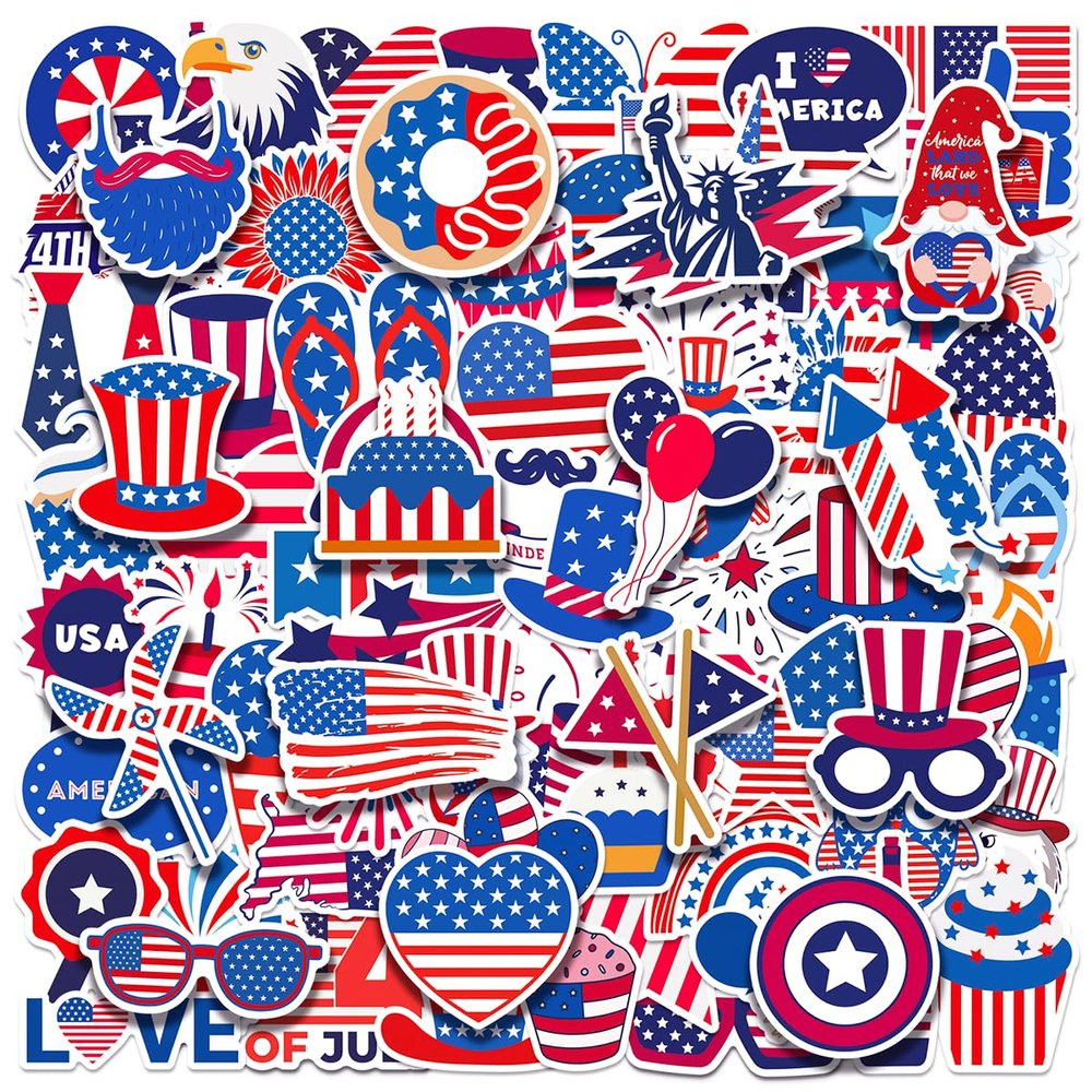 100pcs 4th of July Theme Waterproof Vinyl Stickers - Patriotic Independence Day & Party Favors Decorations for Laptop, Water Bottle, Skateboard