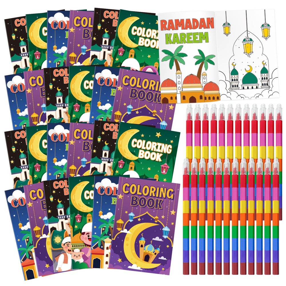 24 Ramadan Coloring Books Bulk With 24 Stacking Crayons Set Eid Mubarak Holiday Activity Coloring Book Ramadan Eid Activities Party Favors Gift Goodie Bags Fillers Stuffers DIY Craft