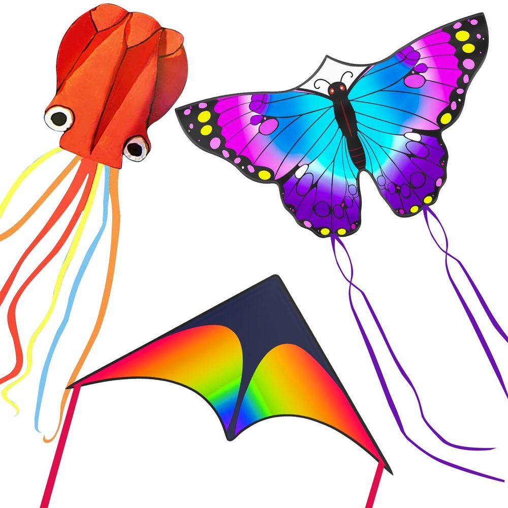 3 Pack Kites, Kite for Kids 4-8 8-12, Puple Butterfly, Colorful Delta and Red Octopus with String Kite for Kids Girls Boys