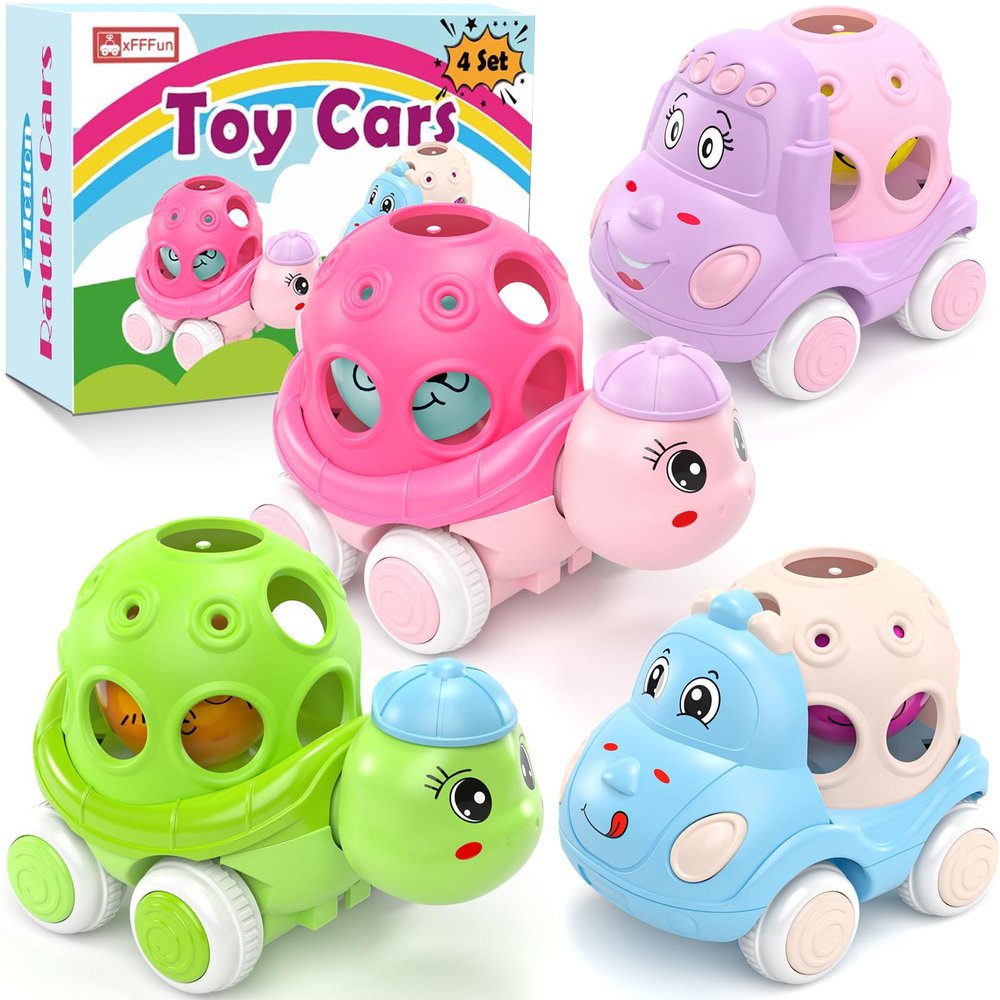 Baby Car Toys for 6-12 12-18 Months 1 Year Old Girls- 4 Pack Rattle Push N Go Cars for Toddlers 1-3 Years, Infant Trucks Toys for Babies Girl Boy 1yr 2yr First Birthday Gifts Easter Basket Stuffers