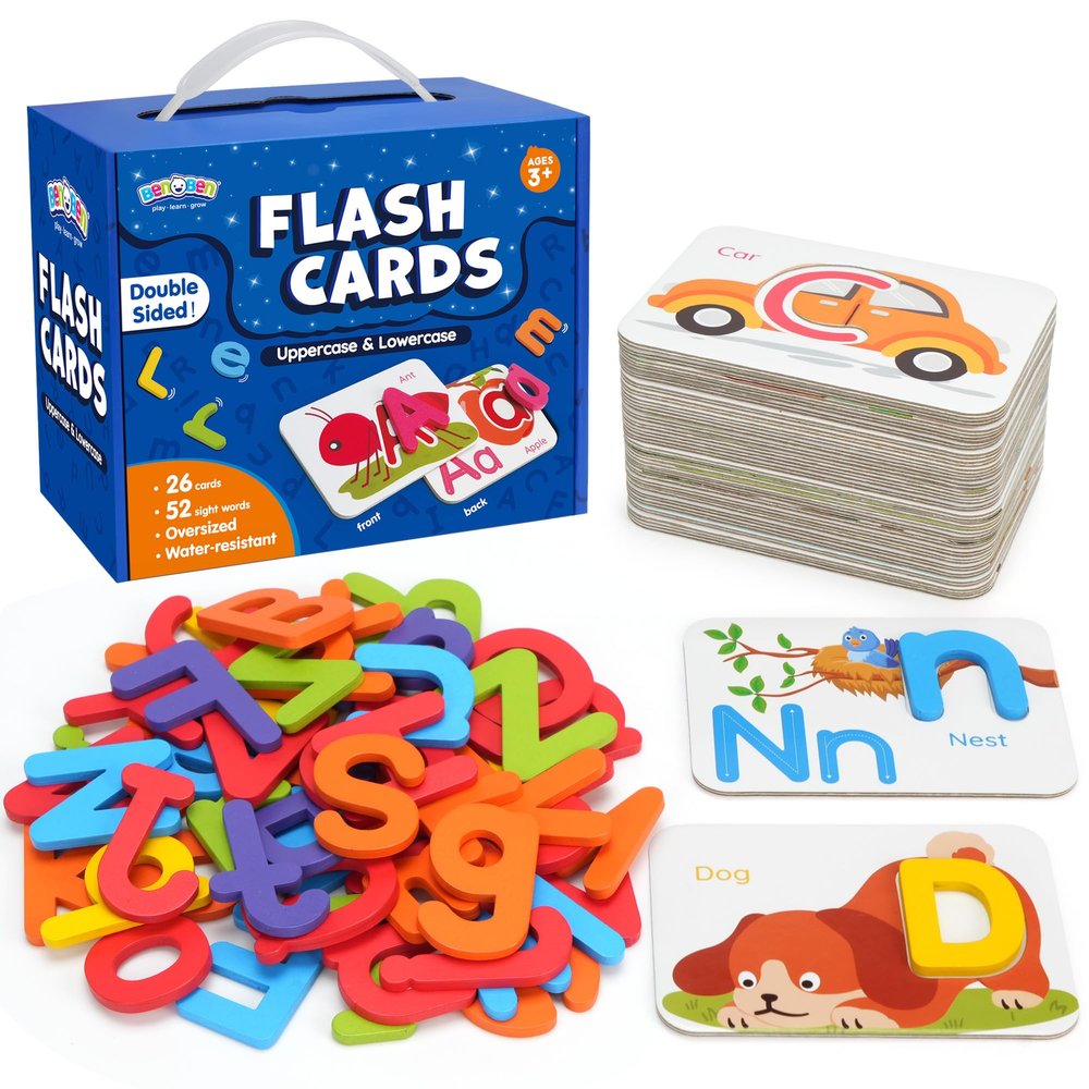 BenBen Alphabet Flash Cards, 52 Upper and Lowercase Wooden Letters, 26 Flashcards, Montessori ABC Learning Toys for Kids Ages 3-5, Preschool Learning Activities, Matching Game Puzzles