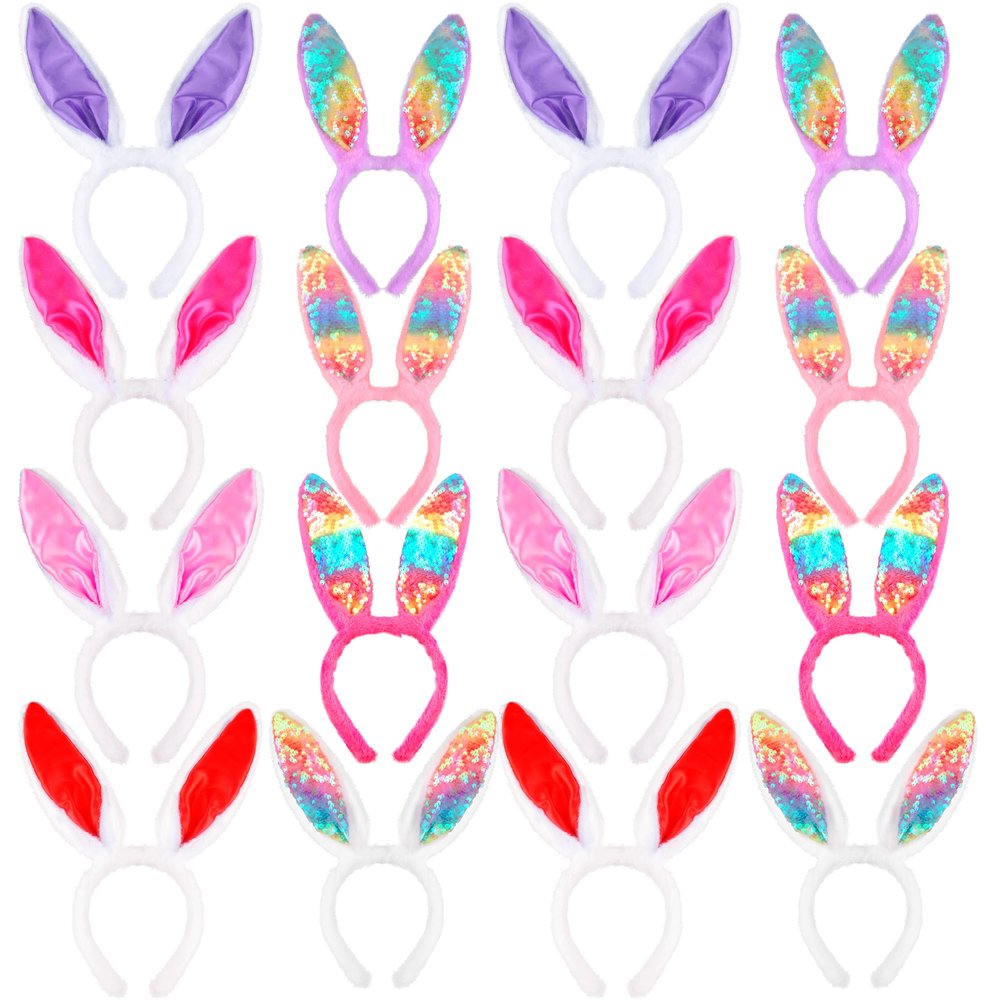 Cagemoga 16 Pack Easter Bunny Ear Headband Colorful Sequins Plush Rabbit Ears Headband Satin Bunny Ear Hair Hoop for Cosplay Easter Party