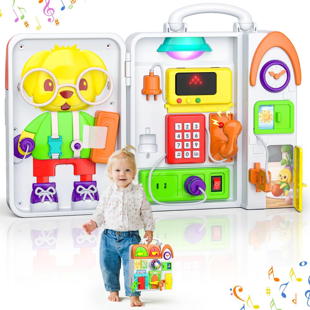 Bilingual Montessori Busy Board and Bilingual Musical Turtle Crawling Toy Bundle
