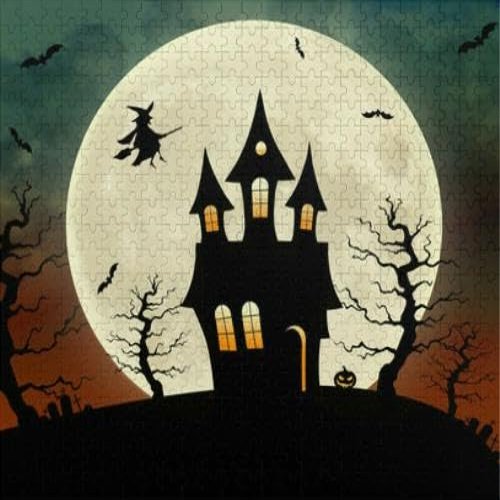 1000Pcs Wooden Jigsaw Puzzle for Adults Halloween Haunted House and A Witch Broomstick Challenging Puzzle Jigsaw Puzzle for Adult Family Holiday Puzzle