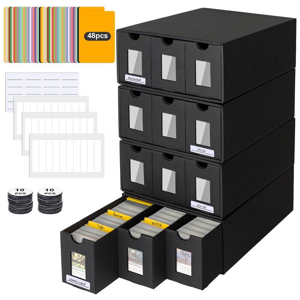 12000+ Trading Card Storage Box for Commander Display, Card Deck Box Cardboard with 48 Dividers, Labels & Tapes, Trading Card Collection Box Fit for TCG, PTCG, MTG and Sport Cards
