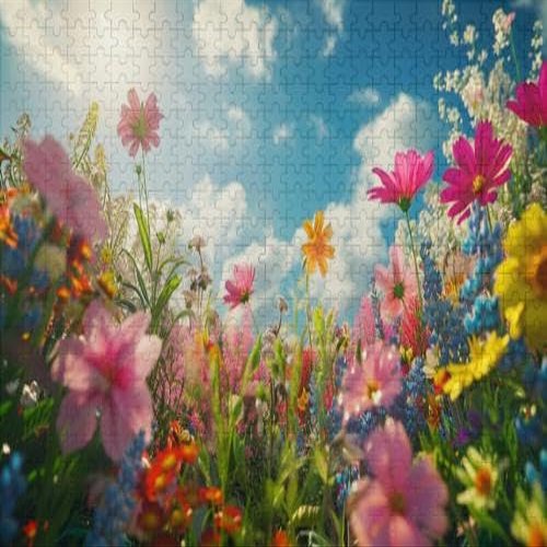 1000Pcs Wooden Jigsaw Puzzle for Adults Beautiful Colorful Flowers The Field Summer Amazing Flower Garden Blue Challenging Puzzle Jigsaw Puzzle for Adult Family Holiday Puzzle