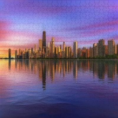 1000Pcs Wooden Jigsaw Puzzle for Adults Colorful Sunset Above Chicago Skyline Across Lake Michigan Challenging Puzzle Jigsaw Puzzle for Adult Family Holiday Puzzle