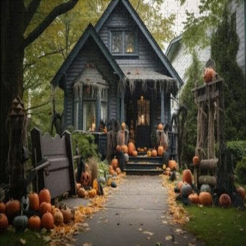 1000Pcs Wooden Jigsaw Puzzle for Adults The Courtyard Front The House Decorated Pumpkins Before Halloween Challenging Puzzle Jigsaw Puzzle for Adult Family Holiday Puzzle