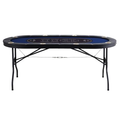 Happybuy 8-Player Foldable Poker Table, 72" Oval Leisure Table with Padded Rails & Stainless Steel Cup Holders for Blackjack & Texas Holdem, Portable Folding Card Game Board, Blue