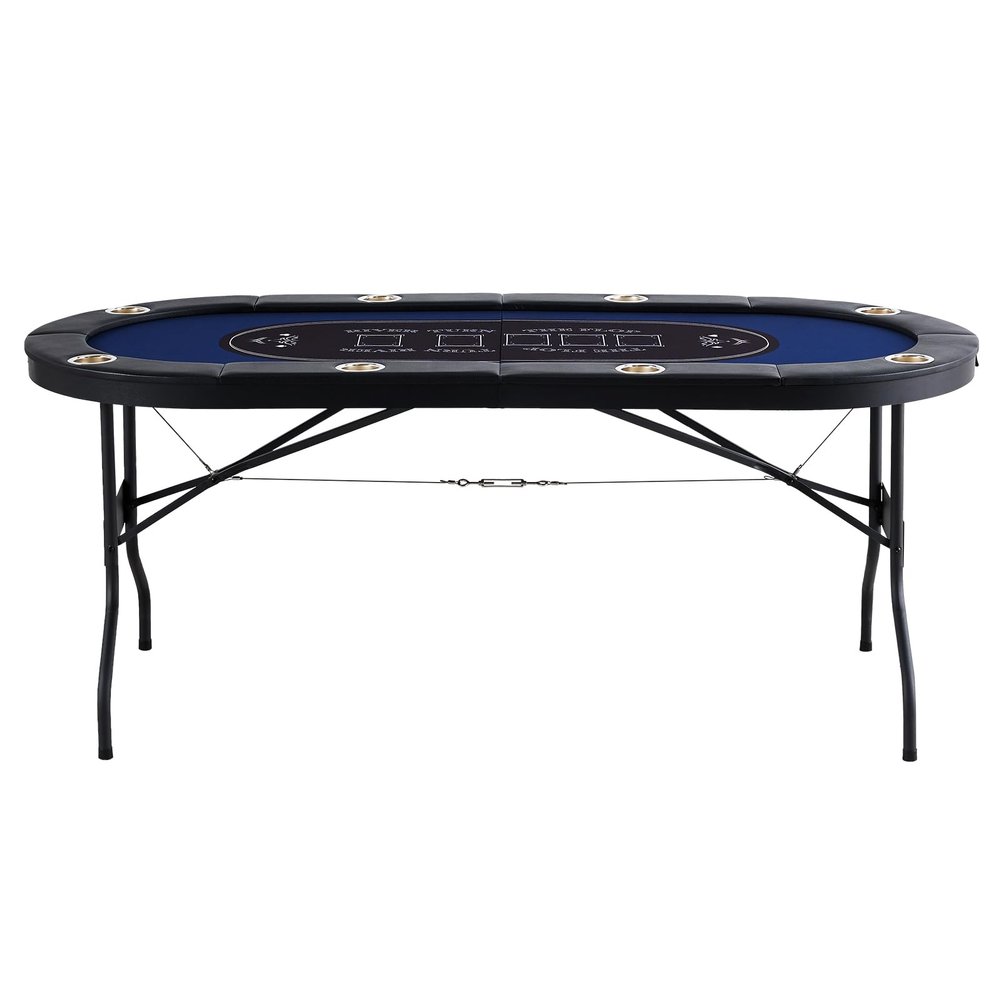 Happybuy 8-Player Foldable Poker Table, 72" Oval Leisure Table with Padded Rails & Stainless Steel Cup Holders for Blackjack & Texas Holdem, Portable Folding Card Game Board, Blue