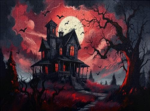 1000Pcs Wooden Jigsaw Puzzle for Adults A Haunted House Shades Dark Red Halloween Fear Horror Challenging Puzzle Jigsaw Puzzle for Adult Family Holiday Puzzle
